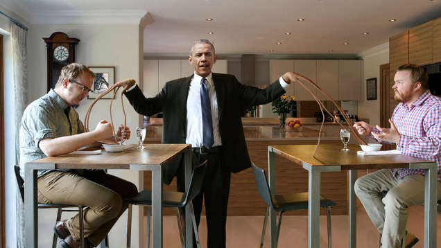 Illustration for article titled Here Are 4 Pics Of The Nasty Prez O-BUMPER Dipping His BUNGLER’S FINGERS In People’s SOUP AND MILK In Order To DESTROY LUNCH For All America